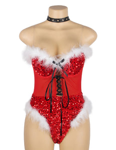 RAW's Red Christmas Sexy Plush Sequin Bodysuit