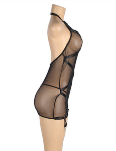 RAW's Black Halter Neck Mesh Bondage Sexy Garter Lingerie